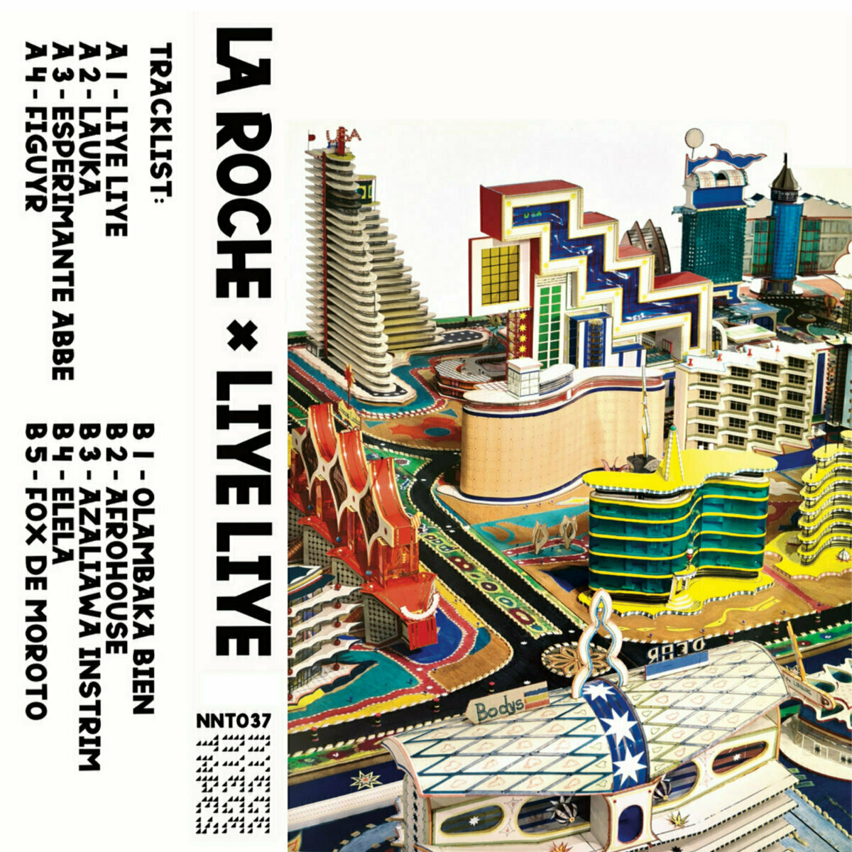 Cassette cover art photo of Bodys Isek Kingelez cityscape installation with tracklisting
